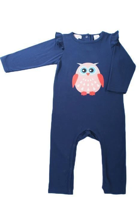 Minifin Owl Print Frill Romper – Navy 1 Minifin Owl Print Frill Romper – Navy
